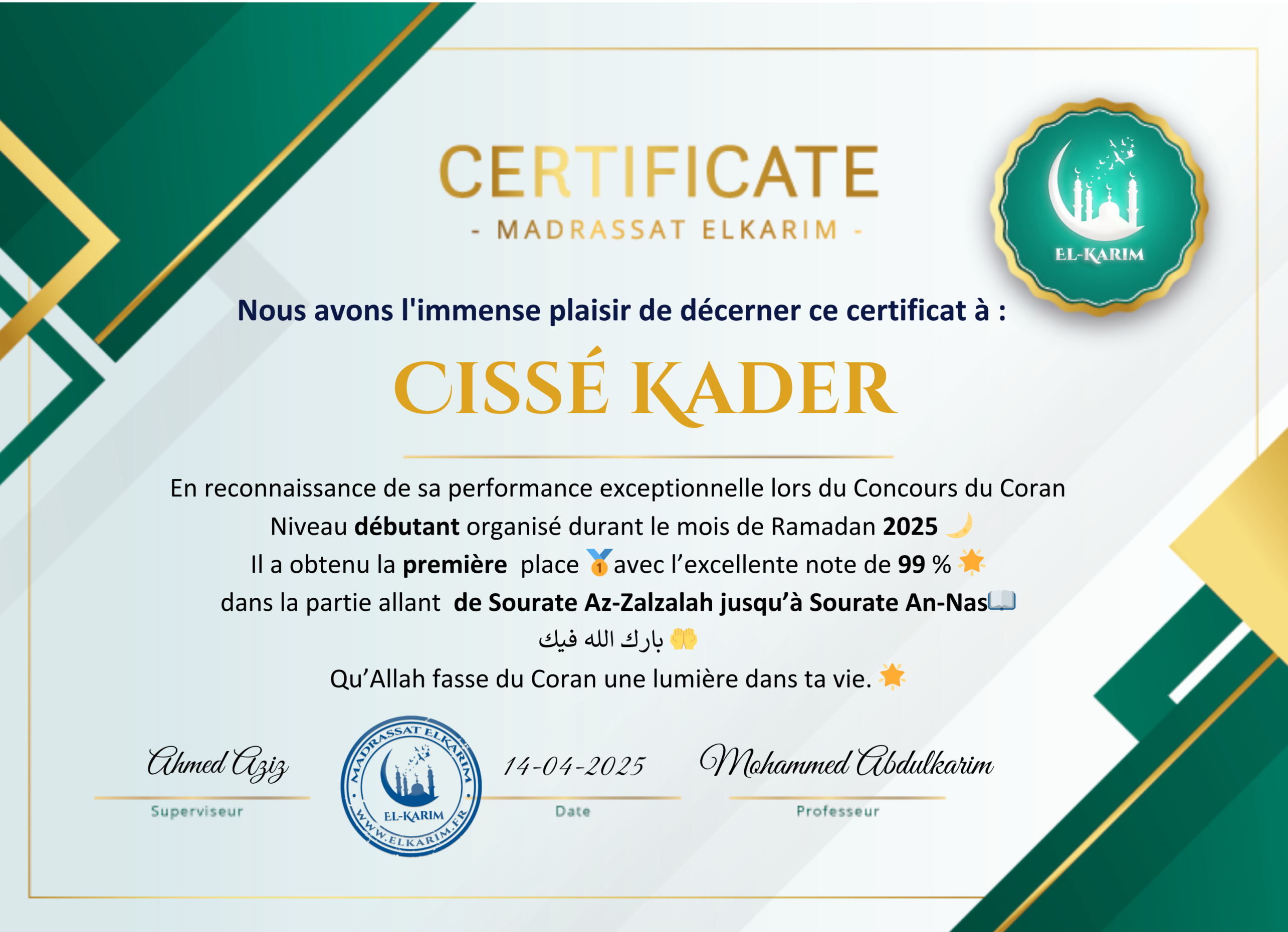 Certificat pour Cissé Kader