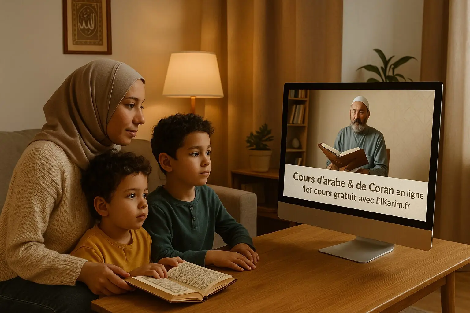 Une mère et ses deux enfants assistant à un cours de Coran en ligne sur ordinateur.